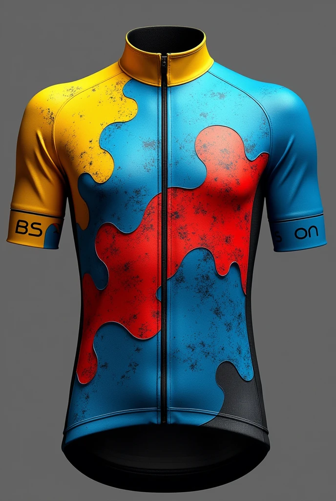 Create a cycling jersey for the RSC Biberach With the skin color blue and yellow and red accents.And a modern pattern where the colors blend like a stone