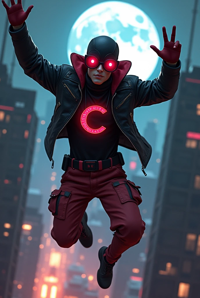 Malaysia man wear helmet domino mask red black color.. White yes.big google glasses . Very athletic body type.glowing logo. Big "C" logo on chest. Very thin. No muscle. The daredevil costume. Superhero lizard concept. Man use hanging with hand. Jacket leather.. cyberpunk design. Big shoulder. Hang out on bar . Bombing effect background. Jumping with two Hands up . Red cargo pant, high tech belt detail. Jump from top building Background city. At night big moon shoot