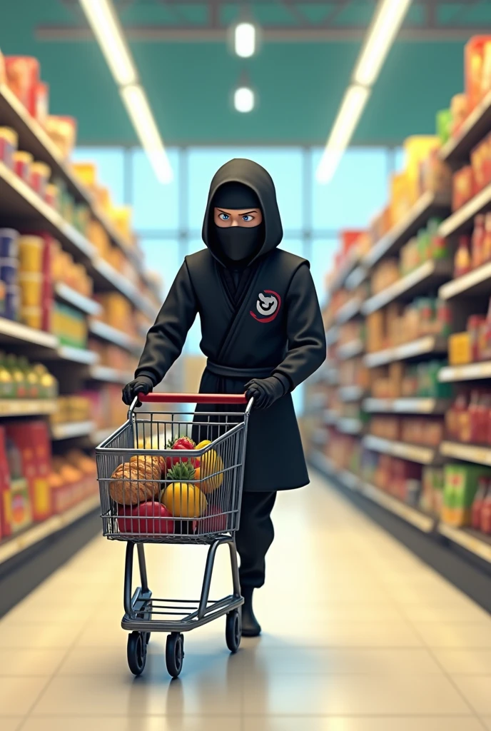 IMAGE OF A NINJA PUSHING A SUPERMARKET CART in animation