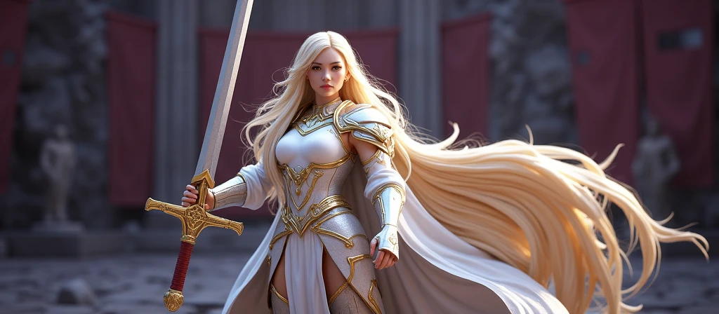 This is a 3D rendered image of a female character with blonde hair, wearing a gold and white armor, wielding a sword.