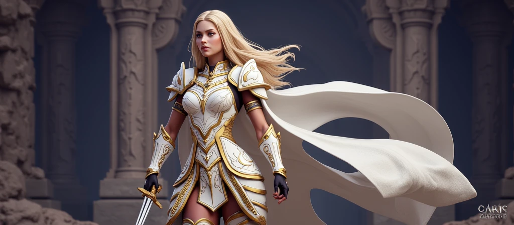 This is a 3D rendered image of a female character with blonde hair, wearing a gold and white armor, wielding a sword.