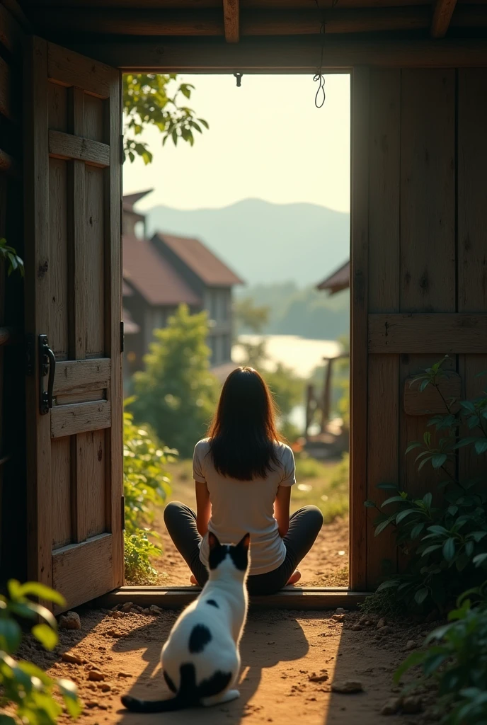 (Photorealism 1.2) high detailed definition cinematic cinematography one women wearing shirt and trousers sit at middle of tiny door look outside with white black cat background Malay Kampong village morning mode mountain lake old rusty wood house sunlight silhouette