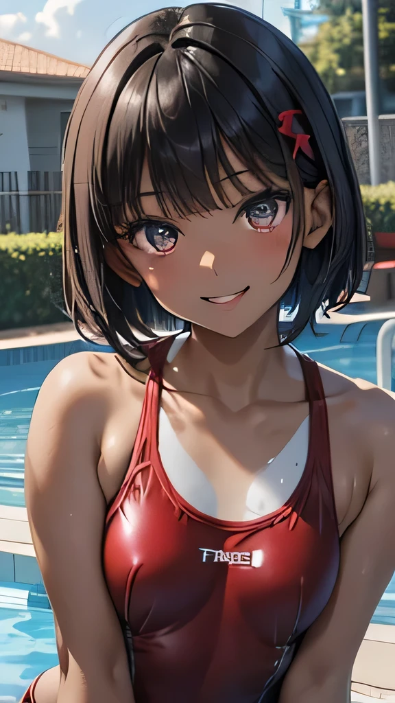 Black Hair、Very Short Hair、Light grey eyes、(Tanned brown skin)、((Dark Skin))、Flat Chest、thin、small、(Primary school students)、(Red bangs hairpin)、((Red swimsuit))、Outdoor,Pool、swimming、smile、smile、smile