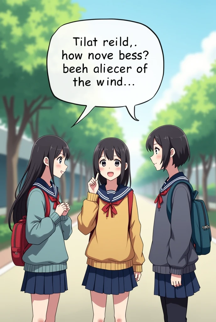 Three junior high school students wearing distinctive Chinese school uniforms，Having a Chinese conversation：1.The wind is blowing north，It's a north wind today？2.The wind is coming from the south，It might be a south wind。3.Which direction is the wind blowing from?？Above the characters, a dialog box that displays their speech.