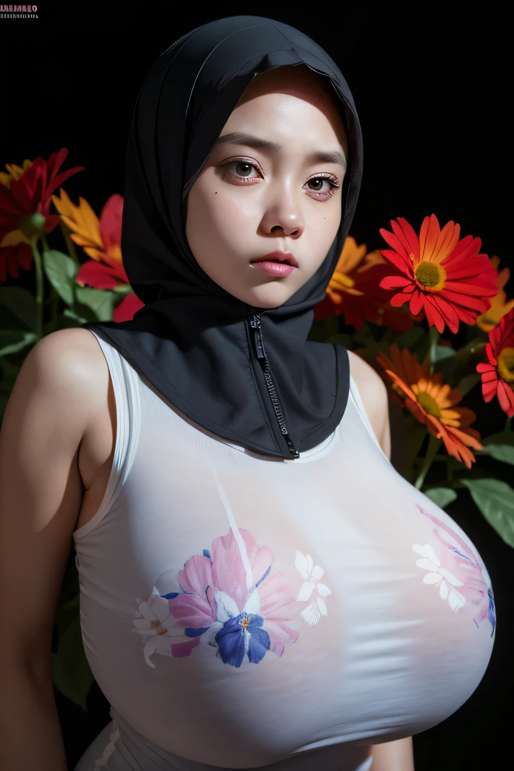 Jumbo (Singlet), Chubby adorable, 1 girl, (face to face), , , angry face expression, half body portrait, (face details: 1), (eye details: 1), ((big breasts)). wearing transparent transparency soft long shirt, hijab, .. Cute posed. proportional body. Ultra High Res. realistic: 1.4, UHD, ((flowers pattern)), ((Bigger:2.3)), (((DARK BACKGROUND)))