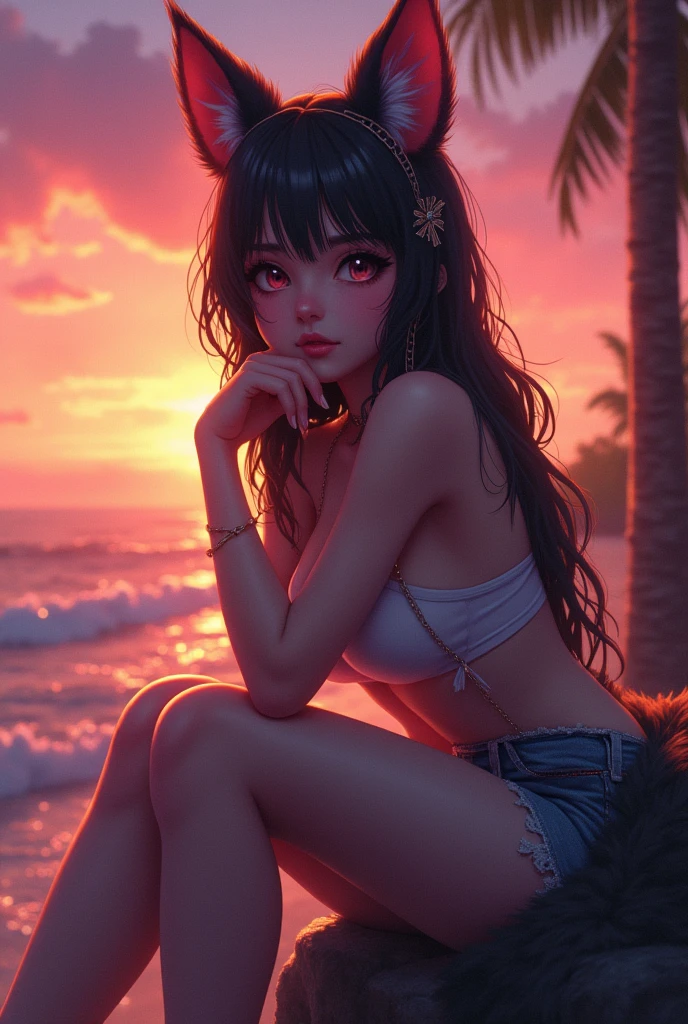 sensual gorgeous Fursona girl sitting down, colorful vivid,  expresive beautiful eyes, with the sun setting in the background. Roxy Paine Loish , Anne Bachelier portrait style,intricate, highly detailed