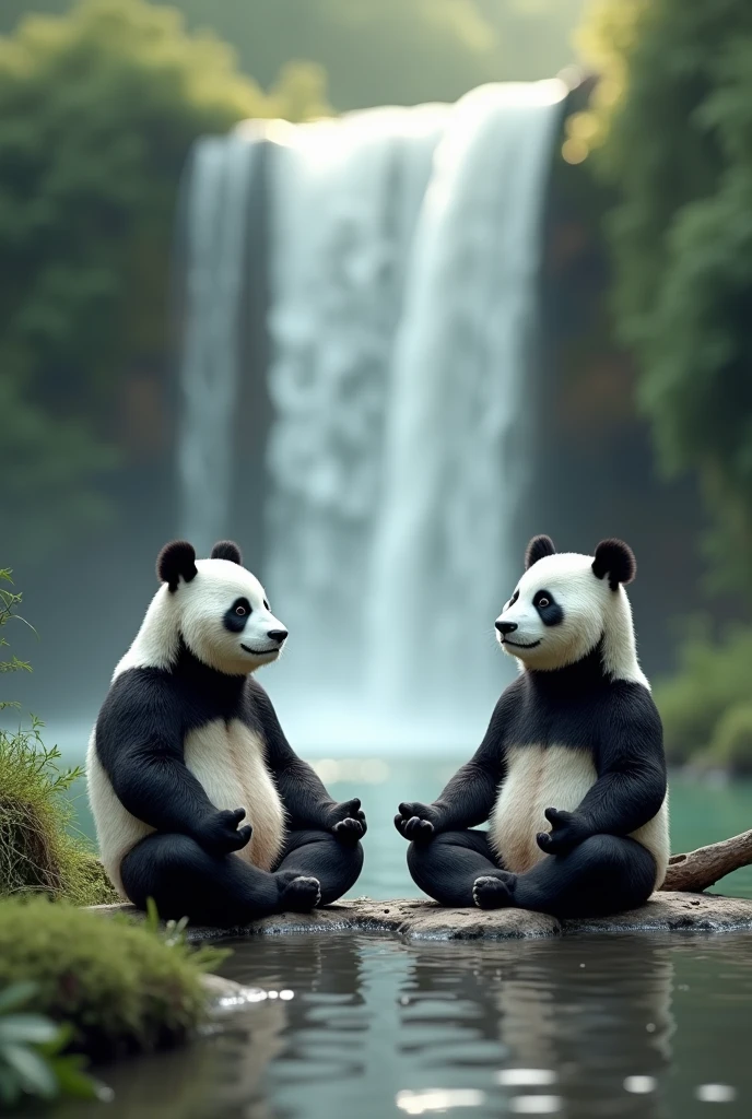 Méditation des pandas zen en fond une cascade d’eau￼une image en 4k douce 