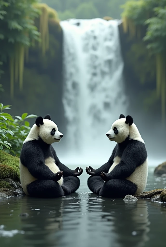 Méditation des pandas zen en fond une cascade d’eau￼une image en 4k douce 