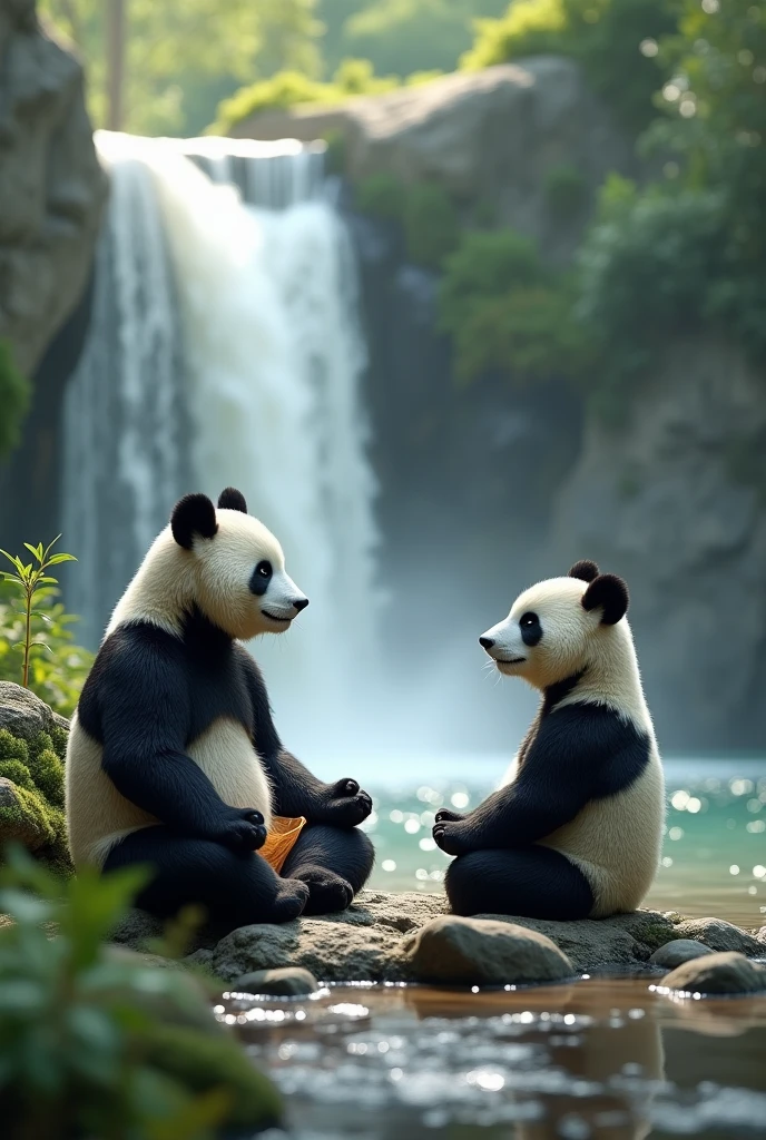 Méditation des pandas zen en fond une cascade d’eauune image en 4k douce