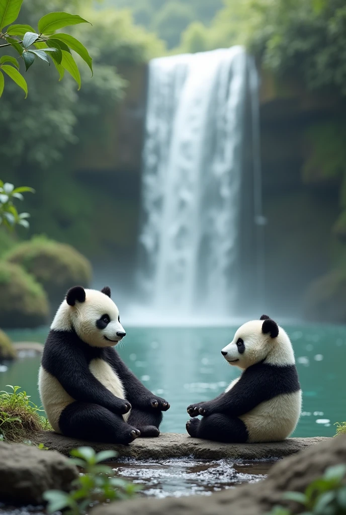 Méditation des pandas zen en fond une cascade d’eau￼une image en 4k douce 
