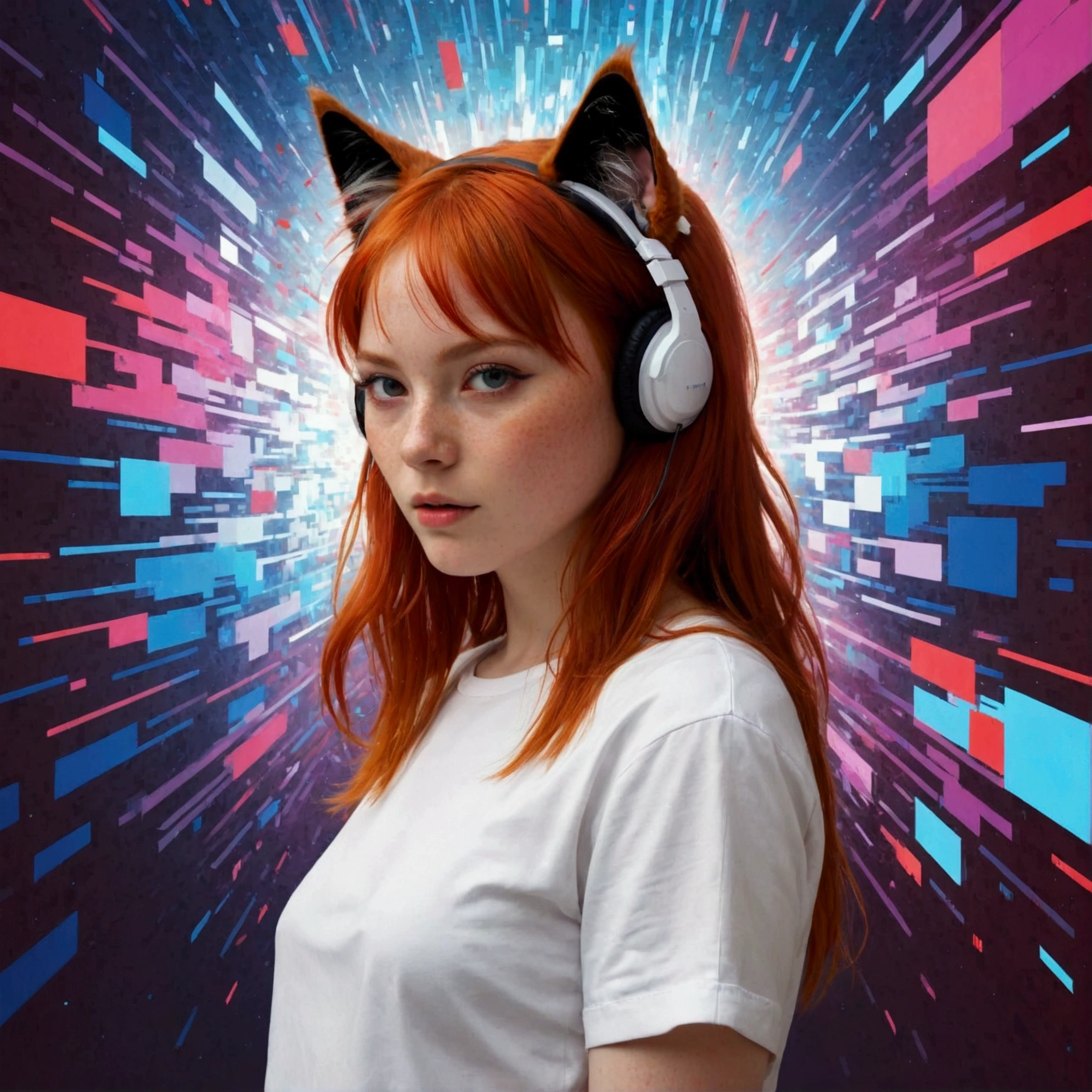(masterpiece, top quality, Best quality, official art, beautiful and aesthetically pleasing:1.2), 1 girl, Red hair, Cat's ears, (glitch art), (digital distortion), pixel fragments, data corruption,colorful noise, visual chaos,modern aesthetics