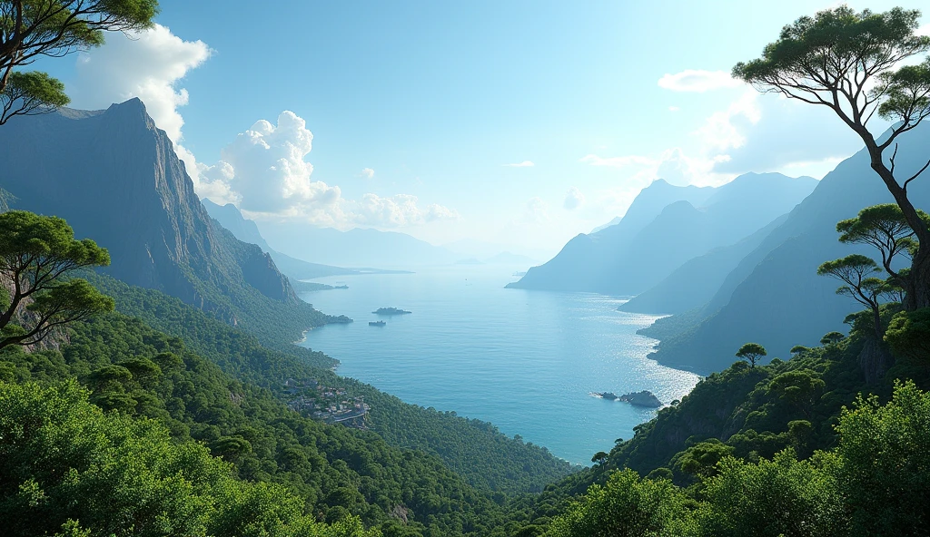 Panorama,There are many laurel trees on the highest mountain(best quality,4K,8k,High level,masterpiece:1.2),Ultra Detailed,(lifelike,Photo real,Photo real:1.37),Complex patterns,Realistic lighting,虚幻引擎4K壁纸,Summer Unreal Engine 5, Beautiful landscape rendering, Mountains and Oceans, Rendered in 8k Unreal Engine,,The most beautiful scenery,Epic shock