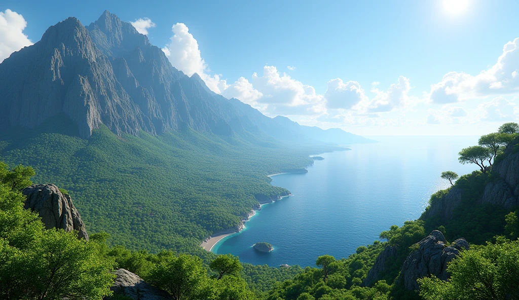 Panorama,There are many laurel trees on the highest mountain(best quality,4K,8k,High level,masterpiece:1.2),Ultra Detailed,(lifelike,Photo real,Photo real:1.37),Complex patterns,Realistic lighting,虚幻引擎4K壁纸,Summer Unreal Engine 5, Beautiful landscape rendering, Mountains and Oceans, Rendered in 8k Unreal Engine,,The most beautiful scenery,Epic shock