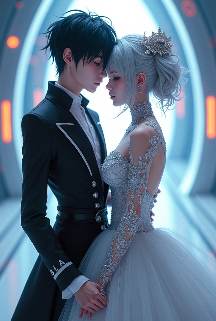 Sanakan and Cibo from Blame! in wedding dresses), (sci-fi theme), male with jet-black hair, female with striking silver hair, futuristic setting, glowing accents, ethereal atmosphere, intricate details on dresses, soft yet vibrant light illuminating from above, intimate and romantic vibe, high detail, ultra-detailed, cinematic quality, emotionally charged scene.