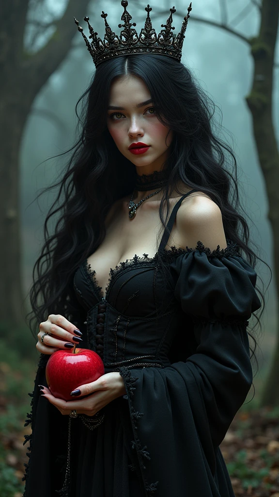 Girl,Black long hair，Black Queen，accessories，Apple in hand，Poison apples，Witch Queen，Red lipstick