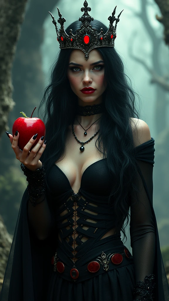 Girl,Black long hair，Black Queen，accessories，Apple in hand，Poison apples，Witch Queen，Red lipstick