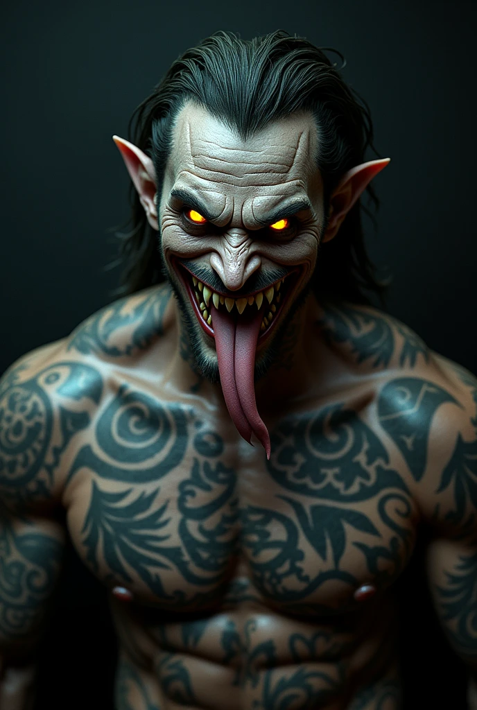 Create an image of a handsome man with a forked tongue and sharp teeth with a joker smile full of tattoos and muscles and yellow eyes