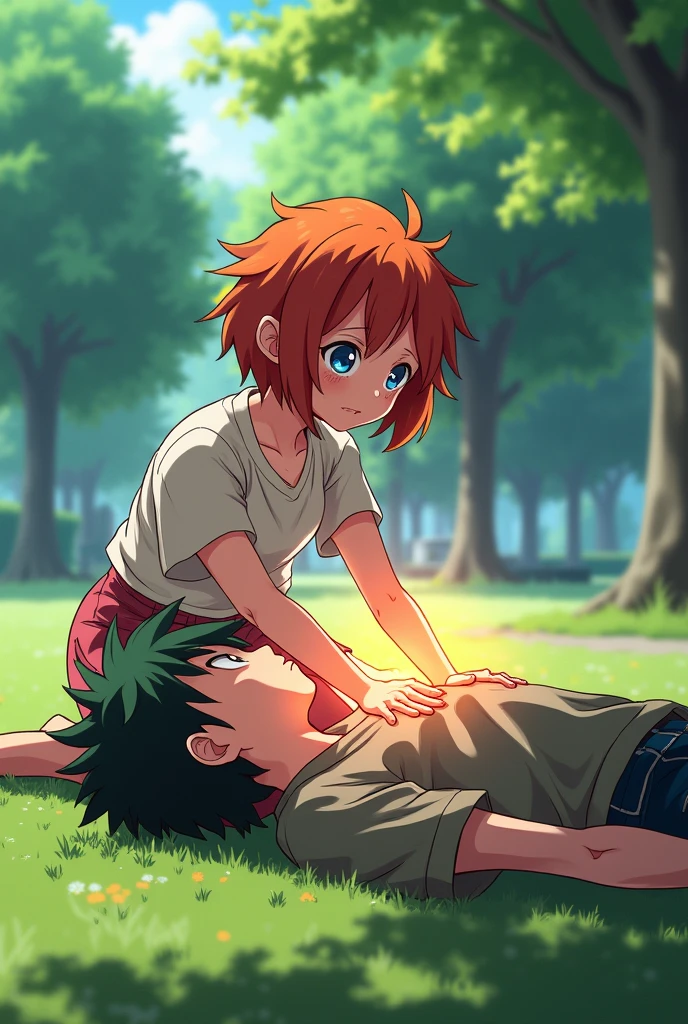 Image capture of my hero academia A girl with short, messy red-orange hair, blue eyes and short stature healing Izuku Midoria from the anime my hero academia with her power as a child in a park he was lying on the floor beaten