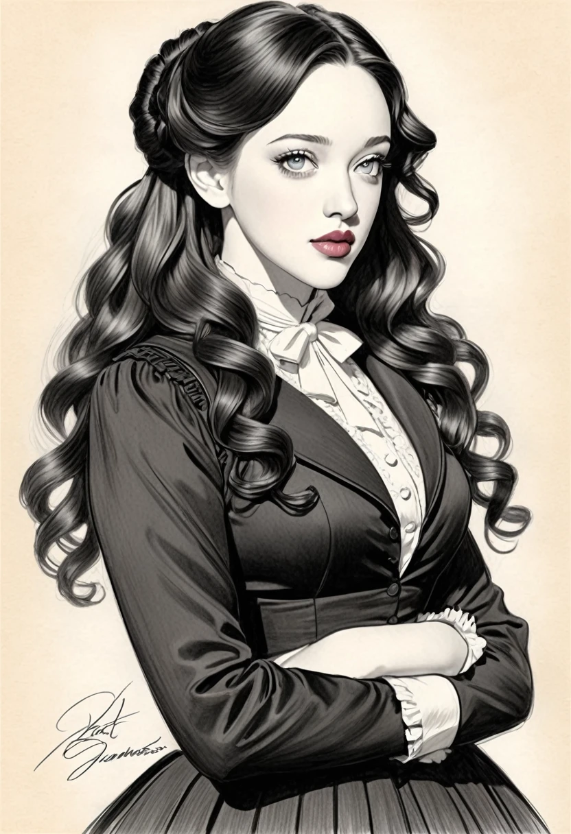 A pencil drawing of a young victorian governess, curly black hair. Kind and inteligent energy. Kat Dennings