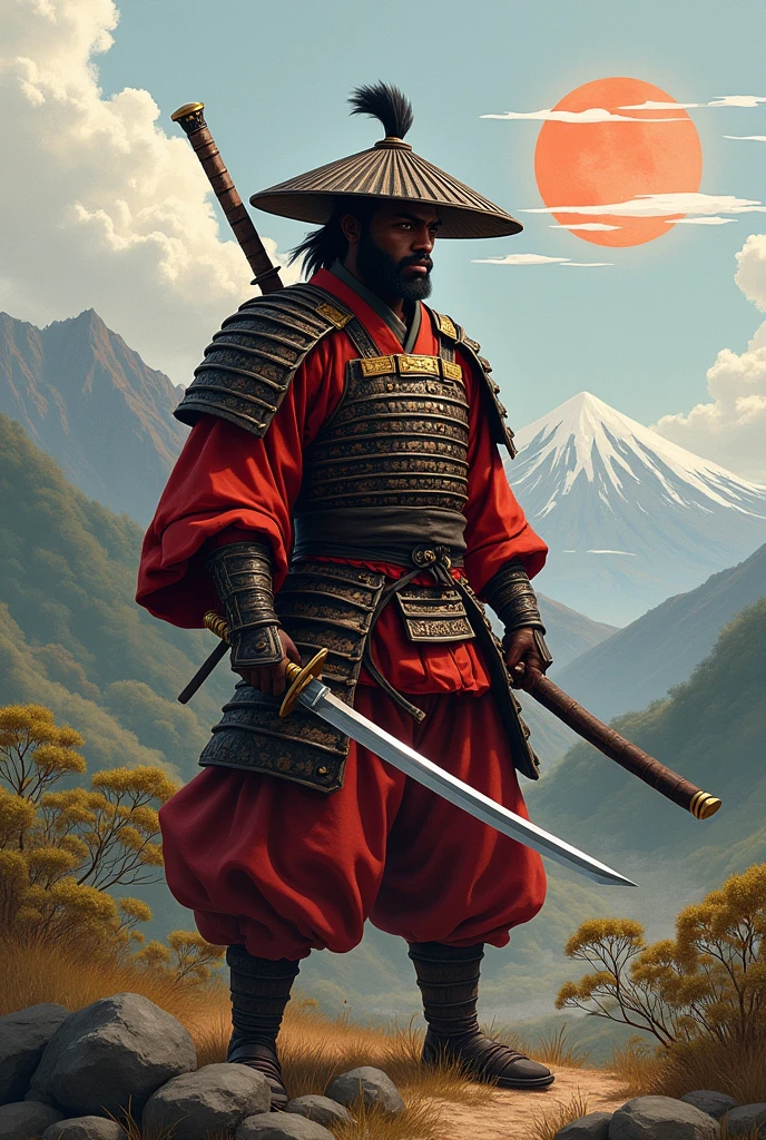 black male character with Japanese hat with red armor with determined look with Japanese landscape background with sword in hand