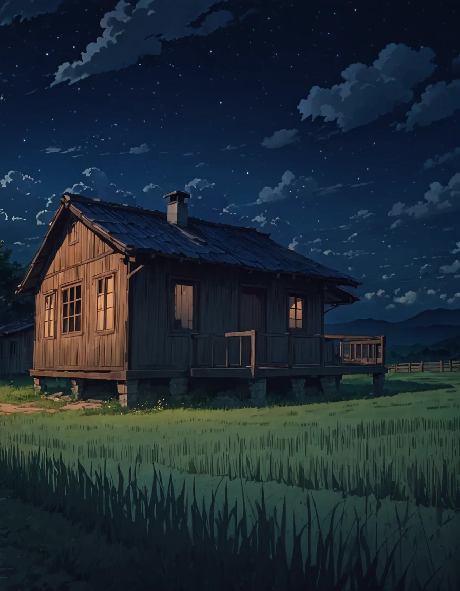 Ghibli style abandoned cabin in the distance serene night countryside clouds quiet atmosphere cozy de-stressing shadows!!! 8KHDR!!!!
