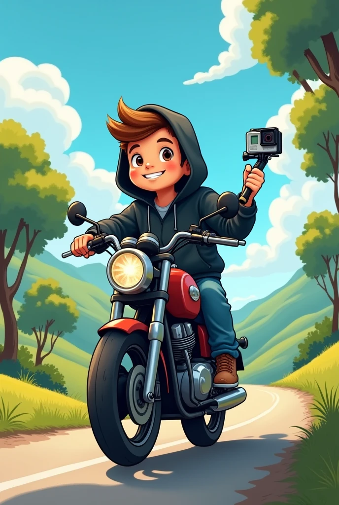 A cartoon traveler boy sitting on the motorcycle view with the gopro with the selfie stick with the free road by wearing black hoodie with in the nature. 