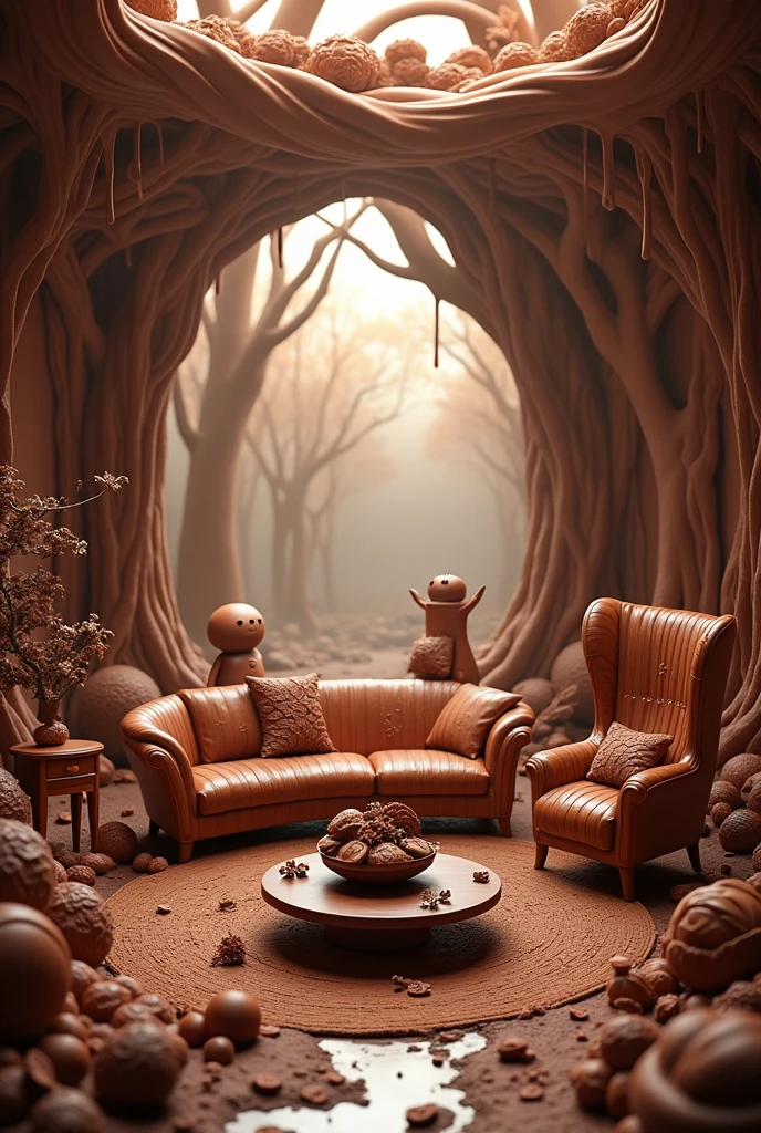 absurderes, high resolution, ultra detaild, HDR, Masterpiece artwork, best qualityer, ultra realisitic, living room made of chocolate, furniture made of chocolate, chocolate world