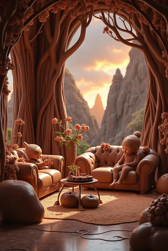 absurderes, high resolution, ultra detaild, HDR, Masterpiece artwork, best qualityer, ultra realisitic, living room made of chocolate, furniture made of chocolate, chocolate world