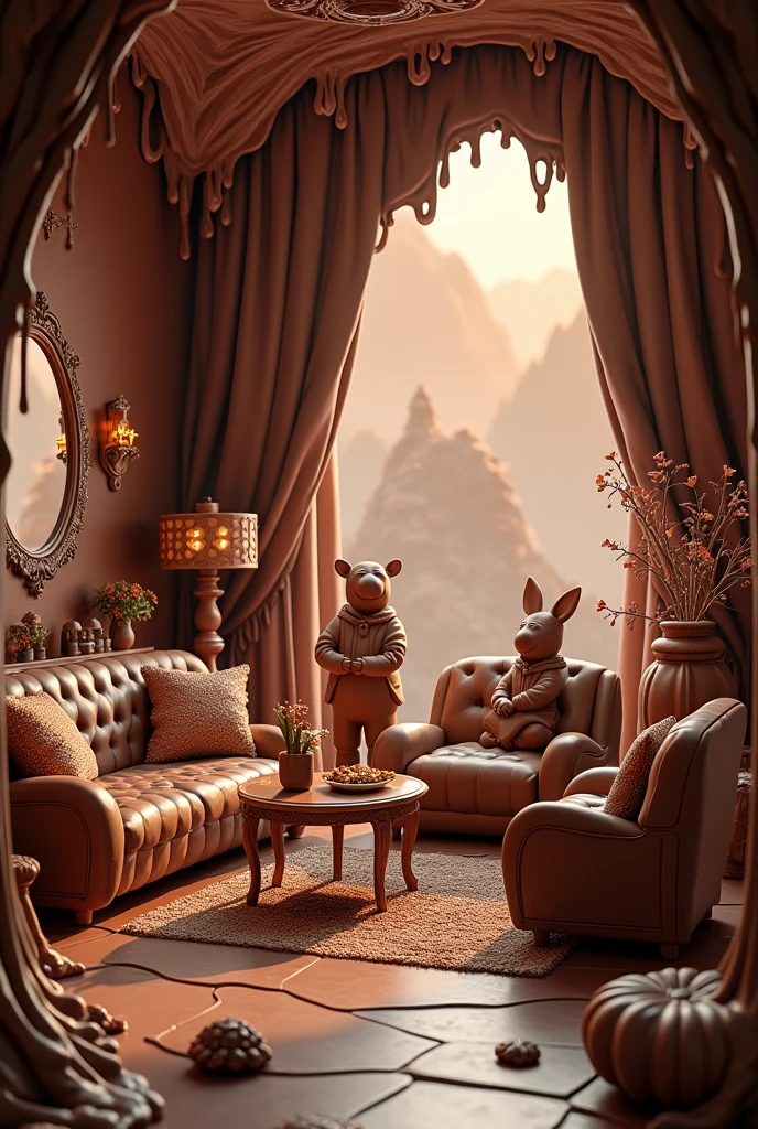 absurderes, high resolution, ultra detaild, HDR, Masterpiece artwork, best qualityer, ultra realisitic, living room made of chocolate, furniture made of chocolate, chocolate world