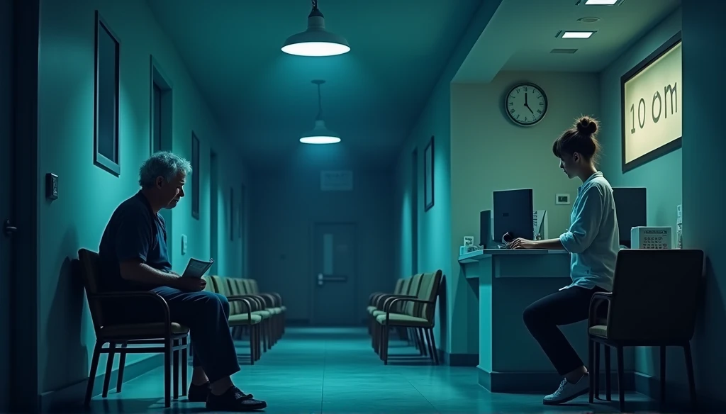 Image Description: a patient sitting in a hospital reception at night. the reception is lit by fluorescent lights, creating a soft and peaceful atmosphere. The patient, a middle-aged man with a tired expression, wears casual clothes and holds a document or service record. Behind him, there are empty chairs and some magazines on a coffee table. at the reception, an attendant, a young woman with her hair tied up, is typing on the computer, with a concentrated look. there is a clock on the wall that says 10pm. through the windows, you can see the darkness of the night outside.

Image size: 1792x1024 (wide format to capture the reception scene)







