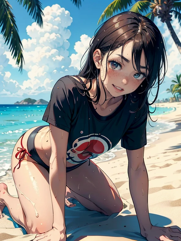Highest quality, Masterpiece in anime style, Women, (alone:1.1),T-shirt rolled up,Show off your flashy swimsuit,Summer beach, Laugh innocently, Sensual, Cute Freckles, Mole under the left eye, sexy,Sweeping sand off his bottom with his hand,Wet Hair, Sunburn mark, Reddened skin, 