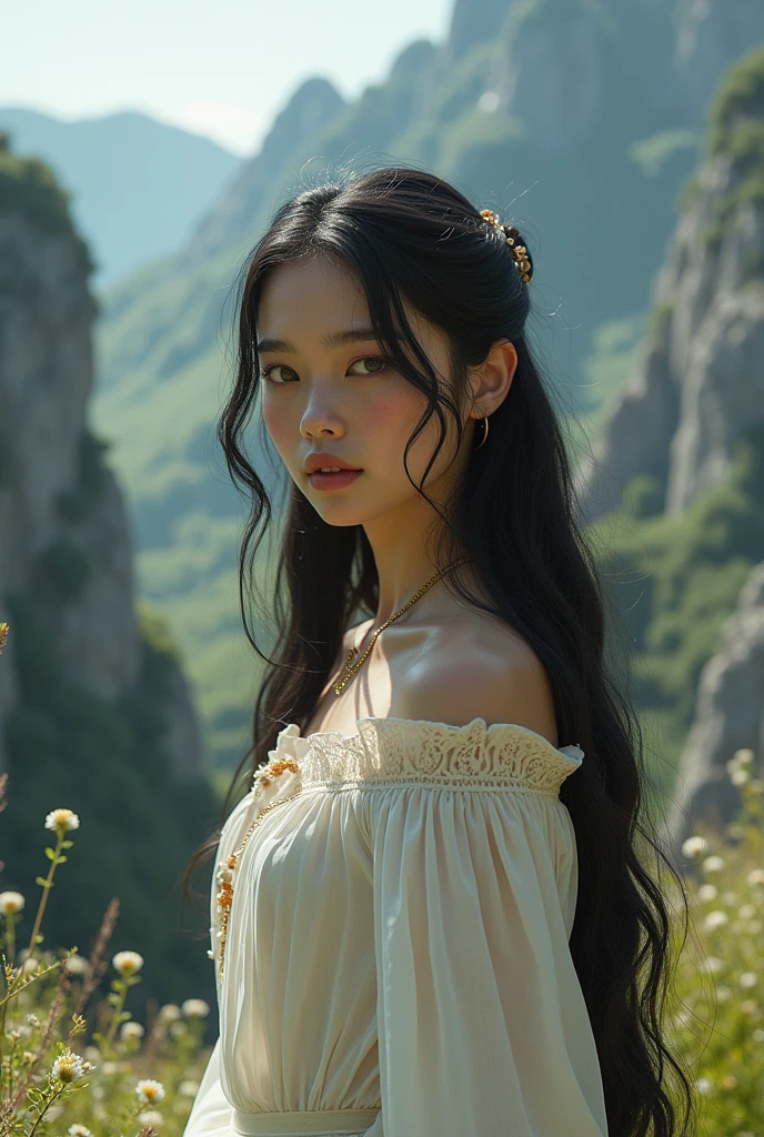 Create an image with a girl with long black hair and brown eyes, with a dragon and a white dress, with the theme of game Of thrones, real