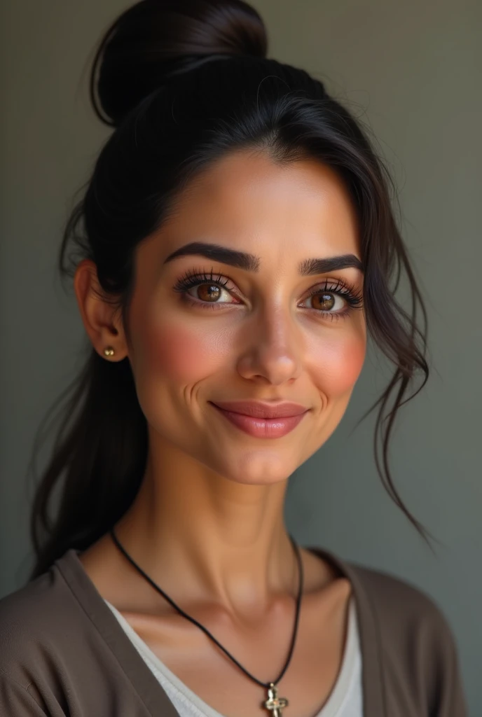 Make a brunette lady, Mexican who reflects that she is a catechist of the Catholic Church and teaches classes to  children