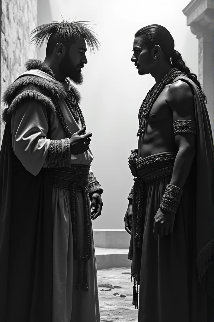 Dom Pedro I governing Brazil and speaking to an indigenous person, Dom Pedro scared black and white image