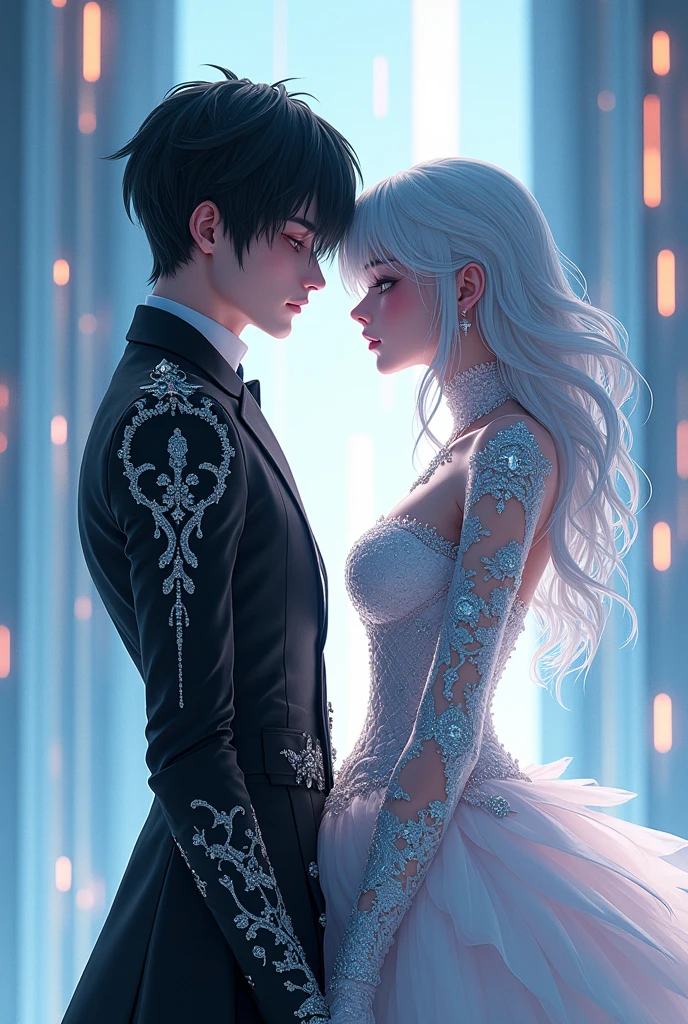 Sanakan and Cibo from Blame! in wedding dresses), (sci-fi theme), male with jet-black hair, female with striking silver hair, futuristic setting, glowing accents, ethereal atmosphere, intricate details on dresses, soft yet vibrant light illuminating from above, intimate and romantic vibe, high detail, ultra-detailed, cinematic quality, emotionally charged scene.