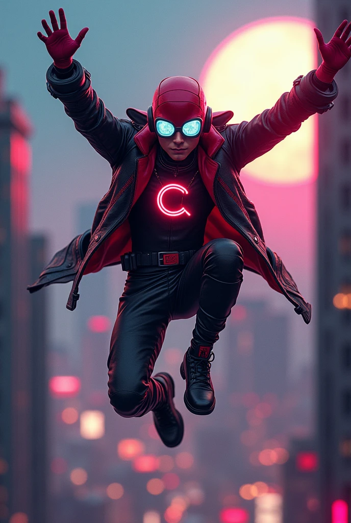 Malaysia man wear helmet domino mask red black color.. White yes.big google glasses . Very athletic body type.glowing logo. Big "C" logo on chest. Very thin. No muscle. The daredevil costume. Superhero lizard concept. Man use hanging with hand. Jacket leather.. cyberpunk design. Big shoulder. Hang out on bar . Bombing effect background. Jumping with two Hands up . Red cargo pant, high tech belt detail. Jump from top building Background city. At night big moon shoot. Very style jump pose