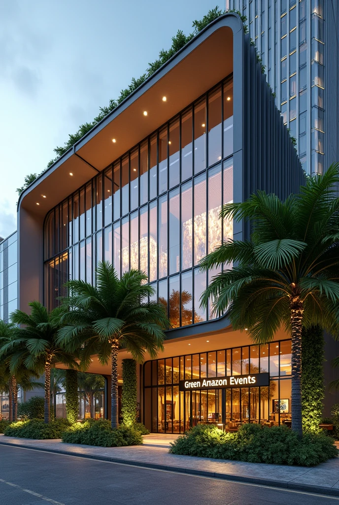 Make a large building construction, with glass windows, lights, coconut trees in the outdoor area, large illuminated sign, Written "Green Amazon events" In Portuguese, large interior, fullcolor, Trees, large events company, city center building, big company, sustainable, It cannot look like a hotel or a restaurant, but company 