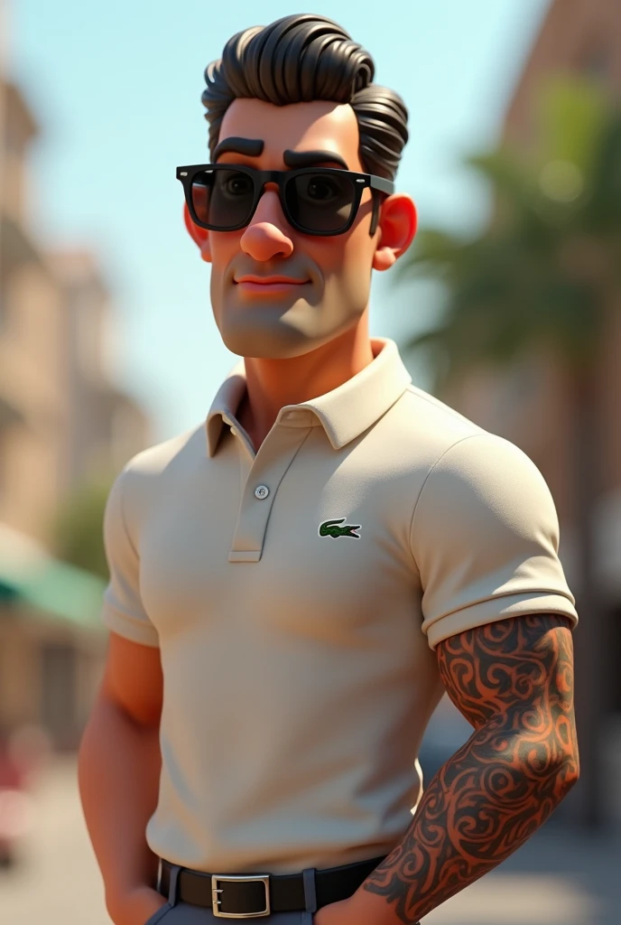 Cartoon character of a man wearing sunglasses and a lacoste polo shirt,tattooed arm, animation character, stylized character, animation style rendering, 3d stylized, Arnold Maya rendering, Stylized 3D rendering, toon render screenshot, 3d character, 3d character, Stylized 3D rendering, 3D character rendering, cartoon character, Personagem de close up, character posing, (Pixar-style) (master part:1.2) (bokeh) (best qualityer) (skin detailed) (detailed texture) (8k) (Argilla) (cinematic lighting) (sharp focus