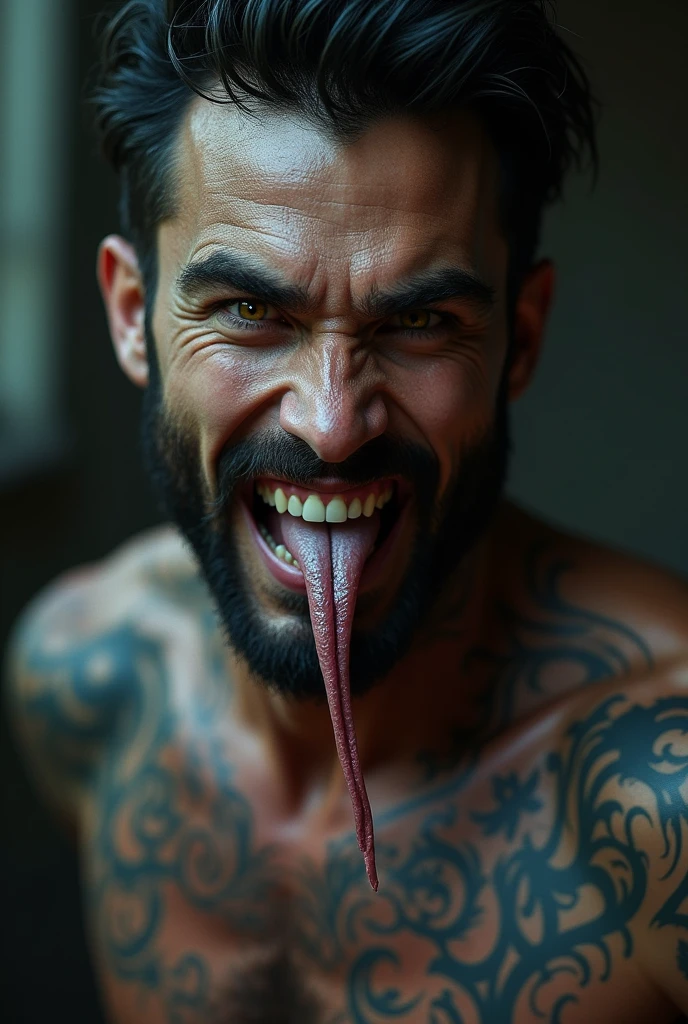 Create an image of a handsome man with a forked tongue and sharp teeth, covered in tattoos and muscular, and yellow eyes 