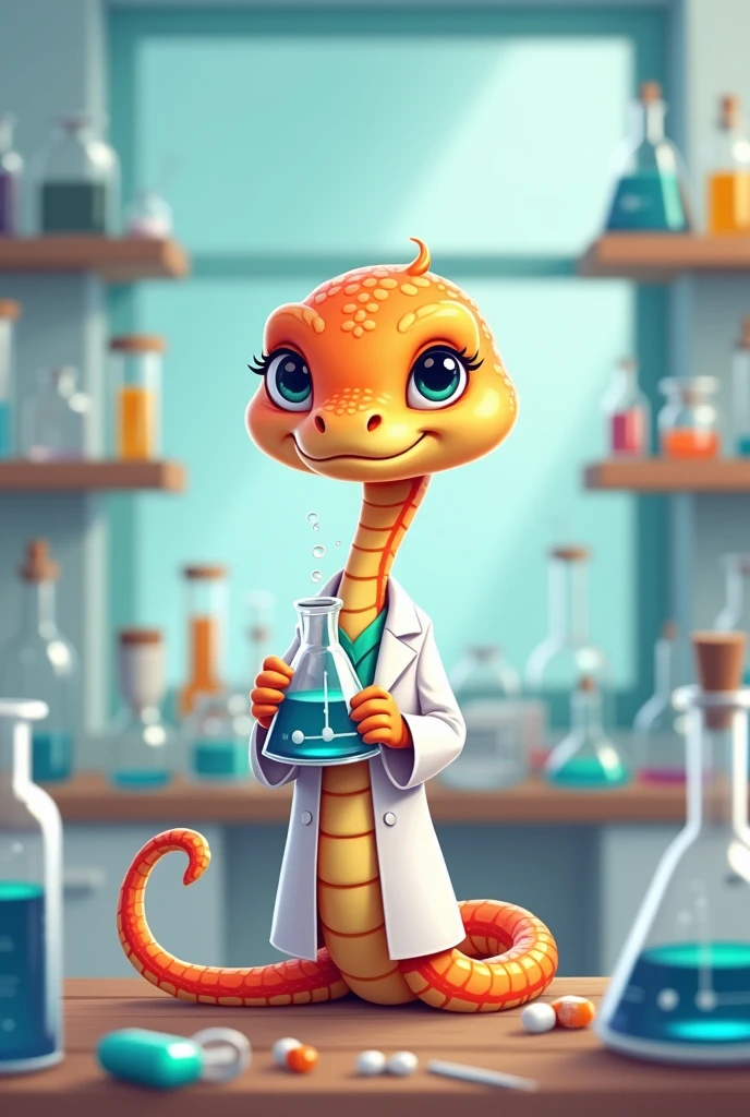 Makes a very cute cartoon pet, cute and easy to remember snake, This must be a pharmaceutical chemist, It must be very tender. That has no arms. Let him use only his tail to take the flask. Have a scientific coat 