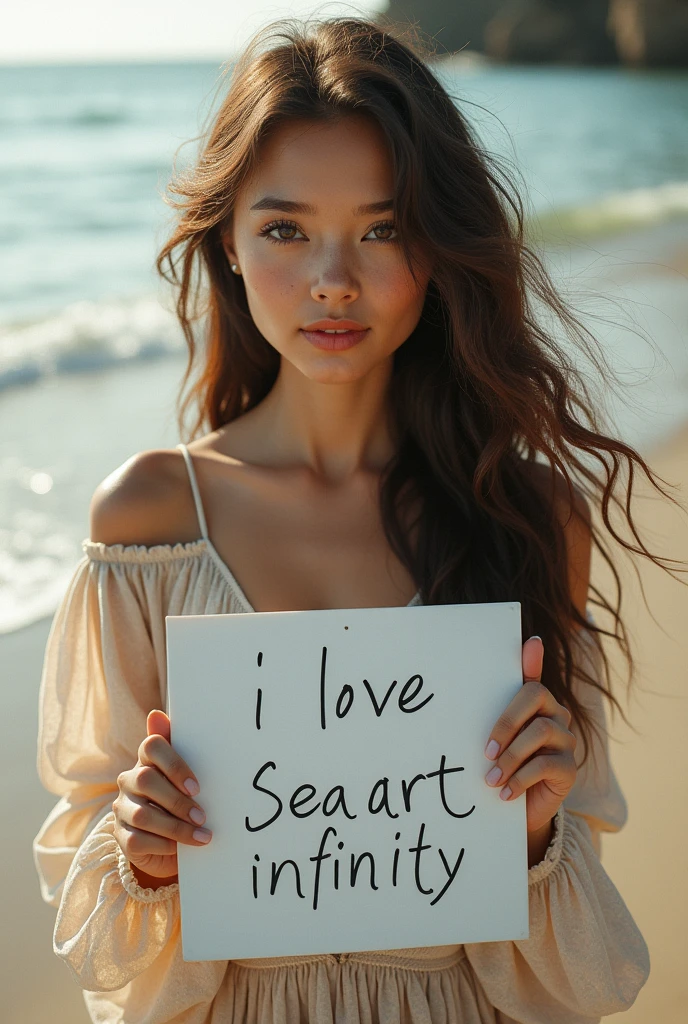 Beautiful girl with wavy long hair, bohemian dress, holding a white board with text "I Love Seaart Infinity" and showing it to the viewer