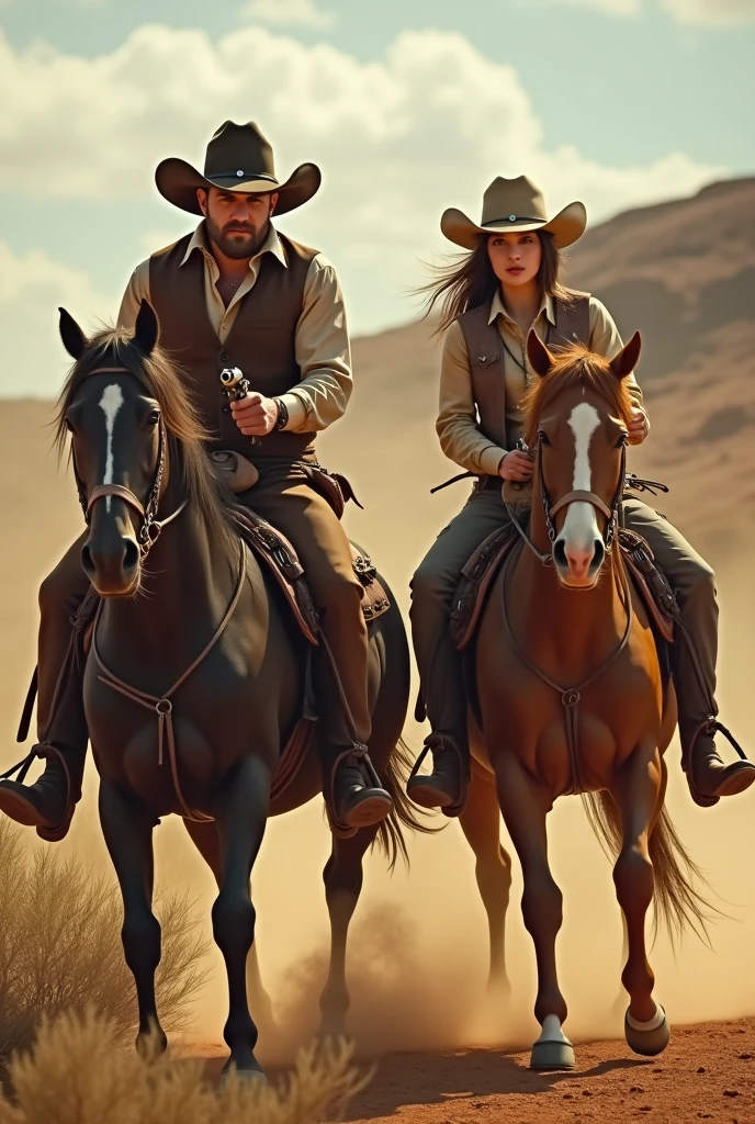Two young cowboys, one male and one female, in Texas riding horses with guns pointed and shooting.
