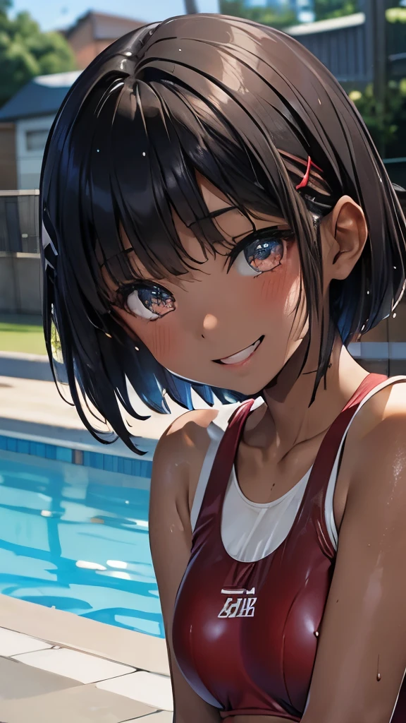 Black Hair、Very Short Hair、Light grey eyes、(Tanned brown skin)、((Dark Skin))、Flat Chest、thin、small、(Primary school students)、(Red bangs hairpin)、((Red swimsuit))、Outdoor,Pool、swimming、(((smile)))、(Wet body)