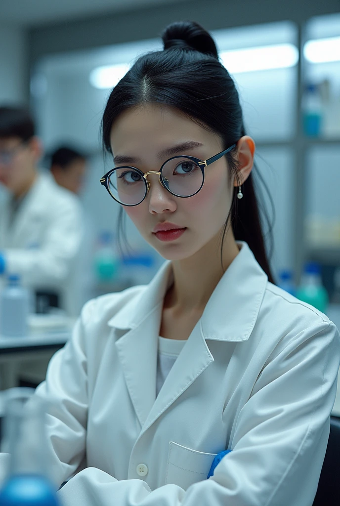 with white coat and round glasses