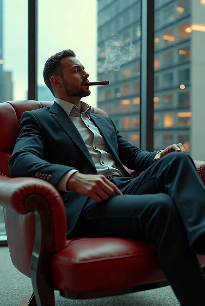 a skyscraper office in the big city, a male cyborg sits in a luxurious chair and smokes a big cigar, high quality, absurdres, masterpiece, beautiful, intricate details, 1/2 body crop, slim body, beautiful figure, magnificent anatomy, (intricate details:1.12), HDR, (intricate details, hyper-detailing:1.15), (natural skin textures, hyper realisitc, soft light, Sharp:1.2)