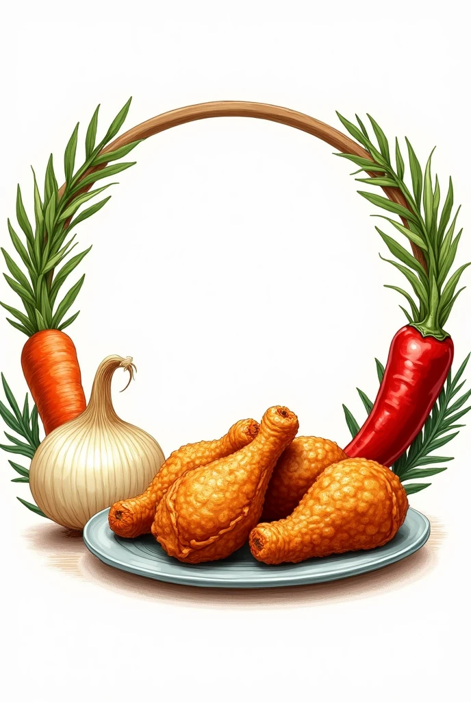 Circular label frame with illustrations of an onion,carrot,Chile,with a plate of fried chicken legs on the side.