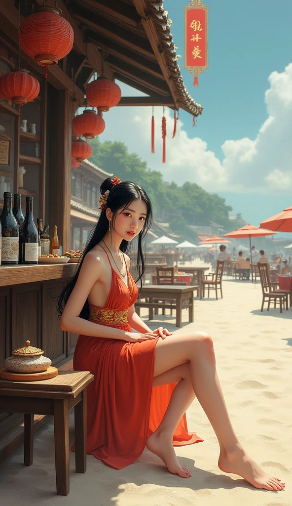 Realistic style, full body shot, aerial perspective, Chinese Tang Dynasty, boundless beach, young and beautiful Taiwanese woman (wearing Chinese Tang Dynasty hosta, earrings, necklace, bracelet, Chinese Tang Dynasty open spaghetti straps, sleeveless, exposed) backpack (short skirt, barefoot), sitting in front of the wine shop drinking, with his long right leg on a small wooden chair next to him, surrounded by tables and chairs made of materials, ceramic wine jars and wine containers, food, and views the beautiful one.