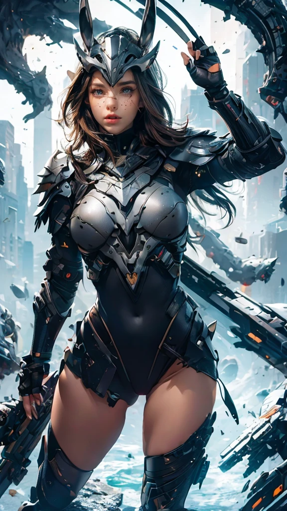 1girl,perfect face, freckles face , perfect body, big breast, wearing a tights bodysuit ,sexy futuristic armor, wearing a futuristic helmets, helmet have ear like rabbit, 