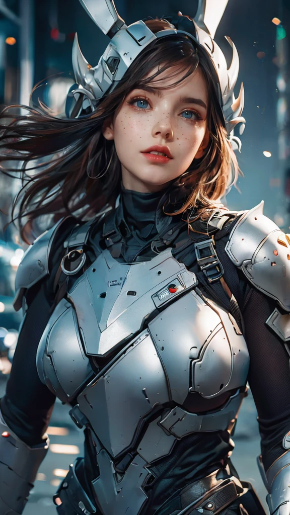 1girl,perfect face, freckles face , perfect body, big breast, wearing a tights bodysuit ,sexy futuristic armor, wearing a futuristic helmets, helmet have ear like rabbit, 