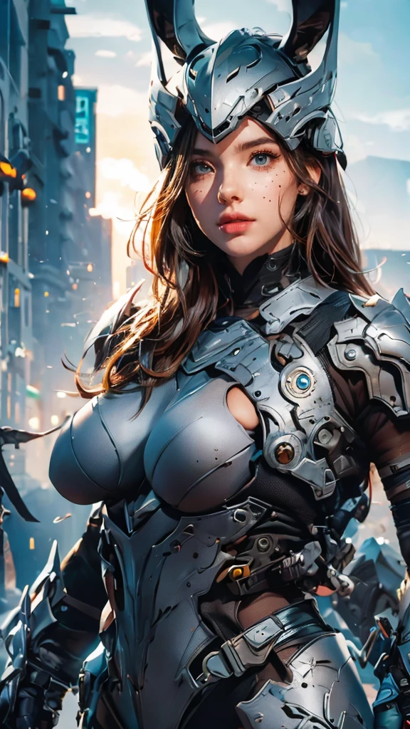 1girl,perfect face, freckles face , perfect body, big breast, wearing a tights bodysuit ,sexy futuristic armor, wearing a futuristic helmets, helmet have ear like rabbit, 